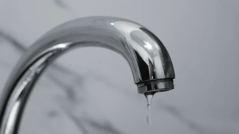 Chrome bathroom faucet with water dripping from the spout