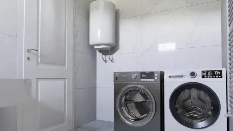 Laundry room with a wall-mounted tank water heater above a washer and dryer