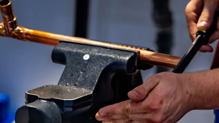 Plumber bending a copper pipe held in a bench vise